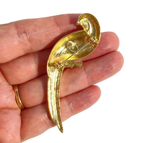 Liz Claiborne Parrot Bird Rhinestone Eye Green Enamel Gold Tone Brooch Pin 2.5in - Picture 3 of 8